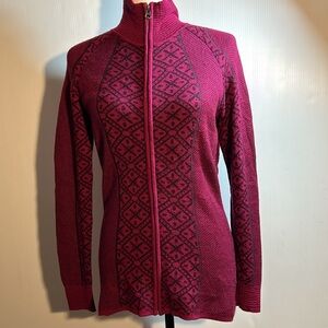Women's Dark Fuschsia Patterned Wool Zip Up Cardigan Sweater